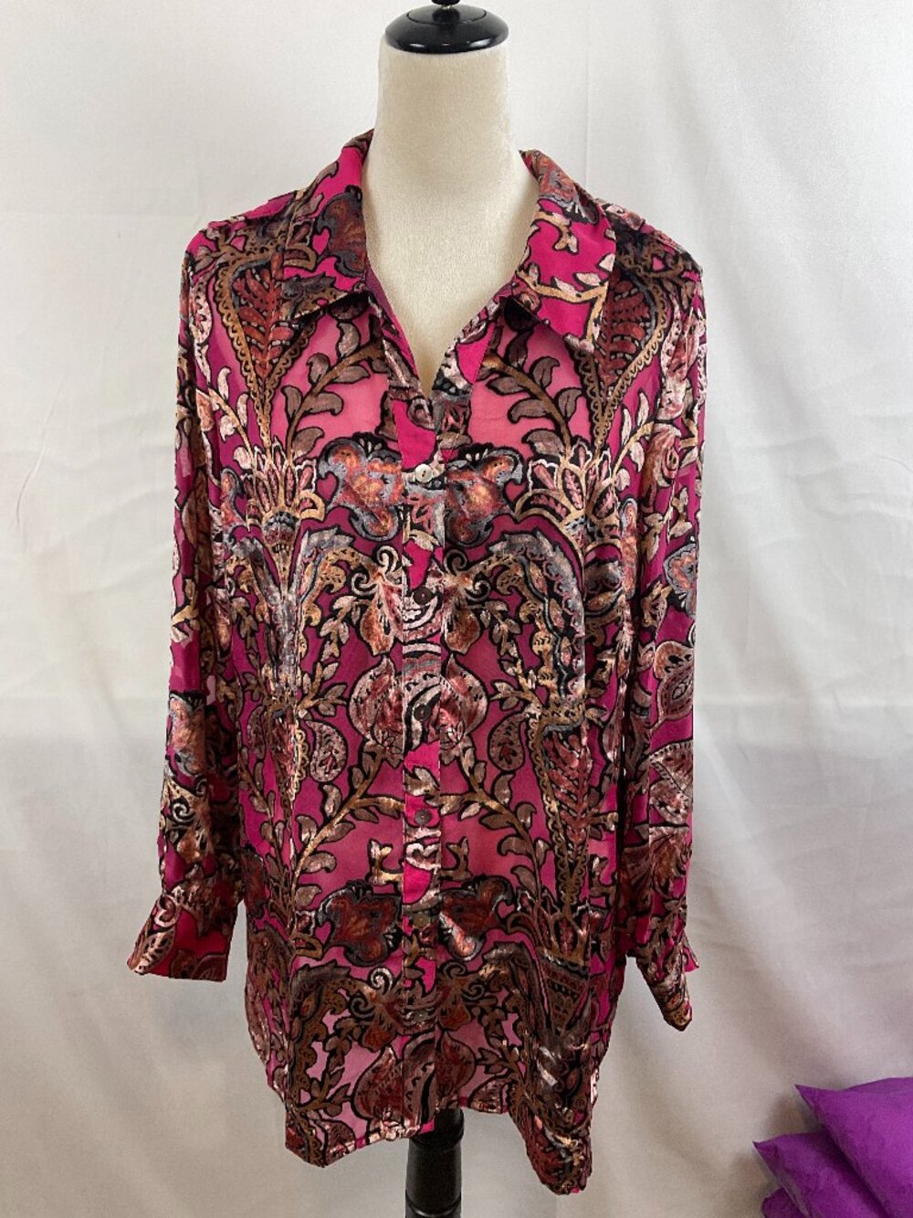 Soft Surroundings Two-Piece Top XL Magenta Black Brown Paisley Burnout Button